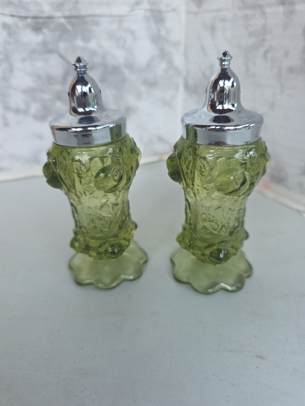 Fenton Olive Green Pressed Glass Salt and Pepper Shakers
